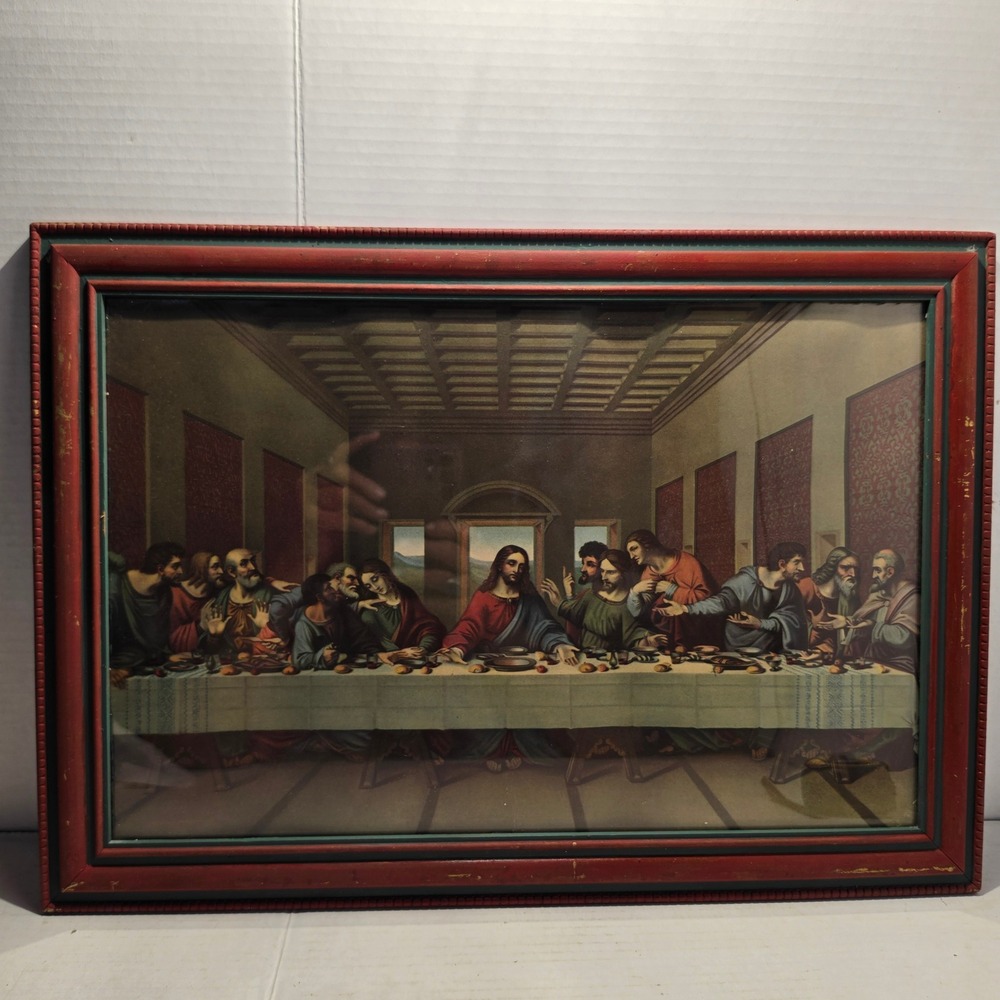 Vintage The Last Supper Framed Print Religious Wall Art Distressed Wood Frame
